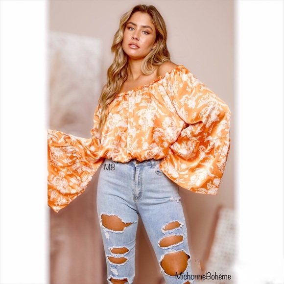 Orange Spring Floral Crop Top Blouse - Picture 8 of 11